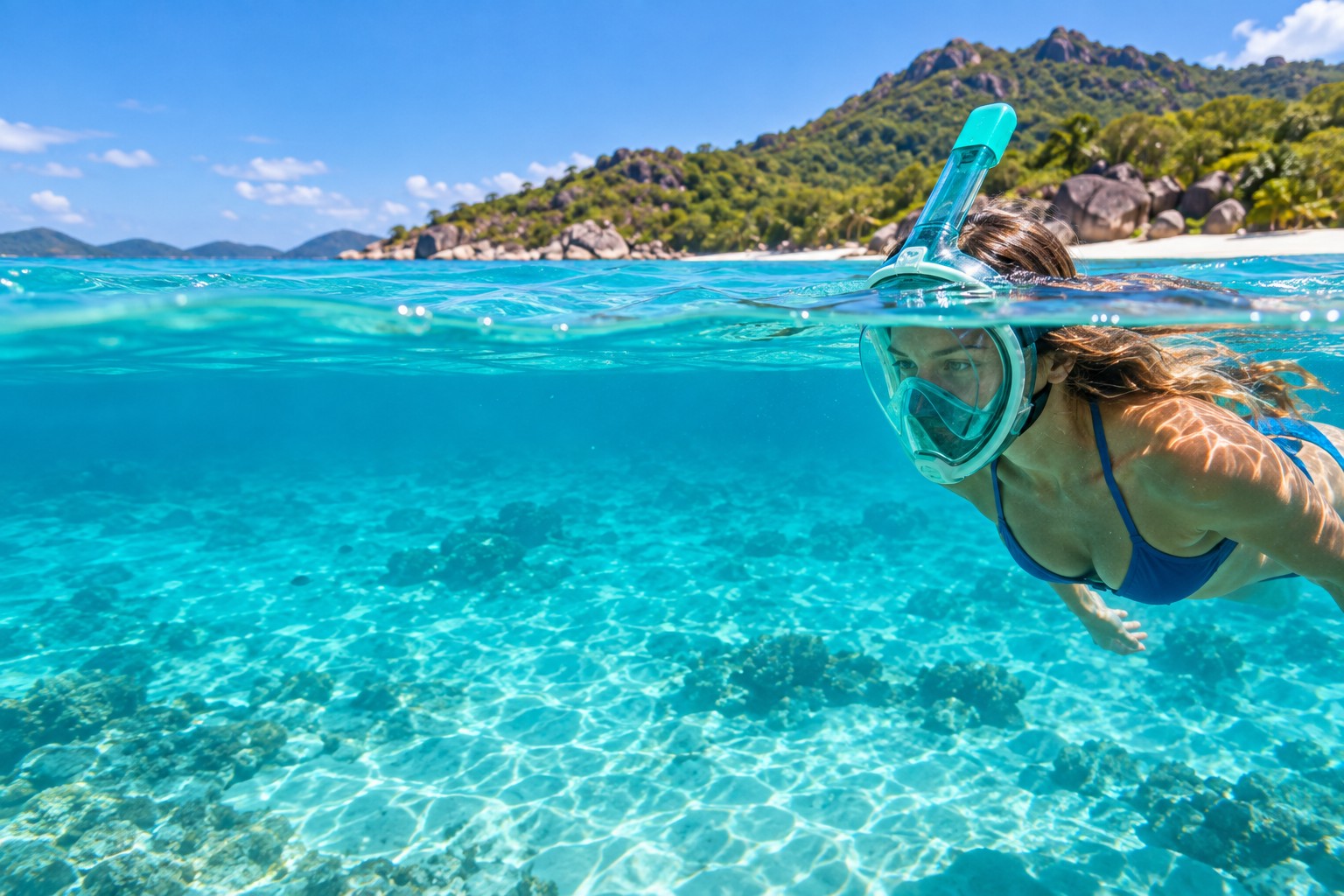 Adult woman in a blue bikini enjoying clear tropical water in a full-face snorkel mask