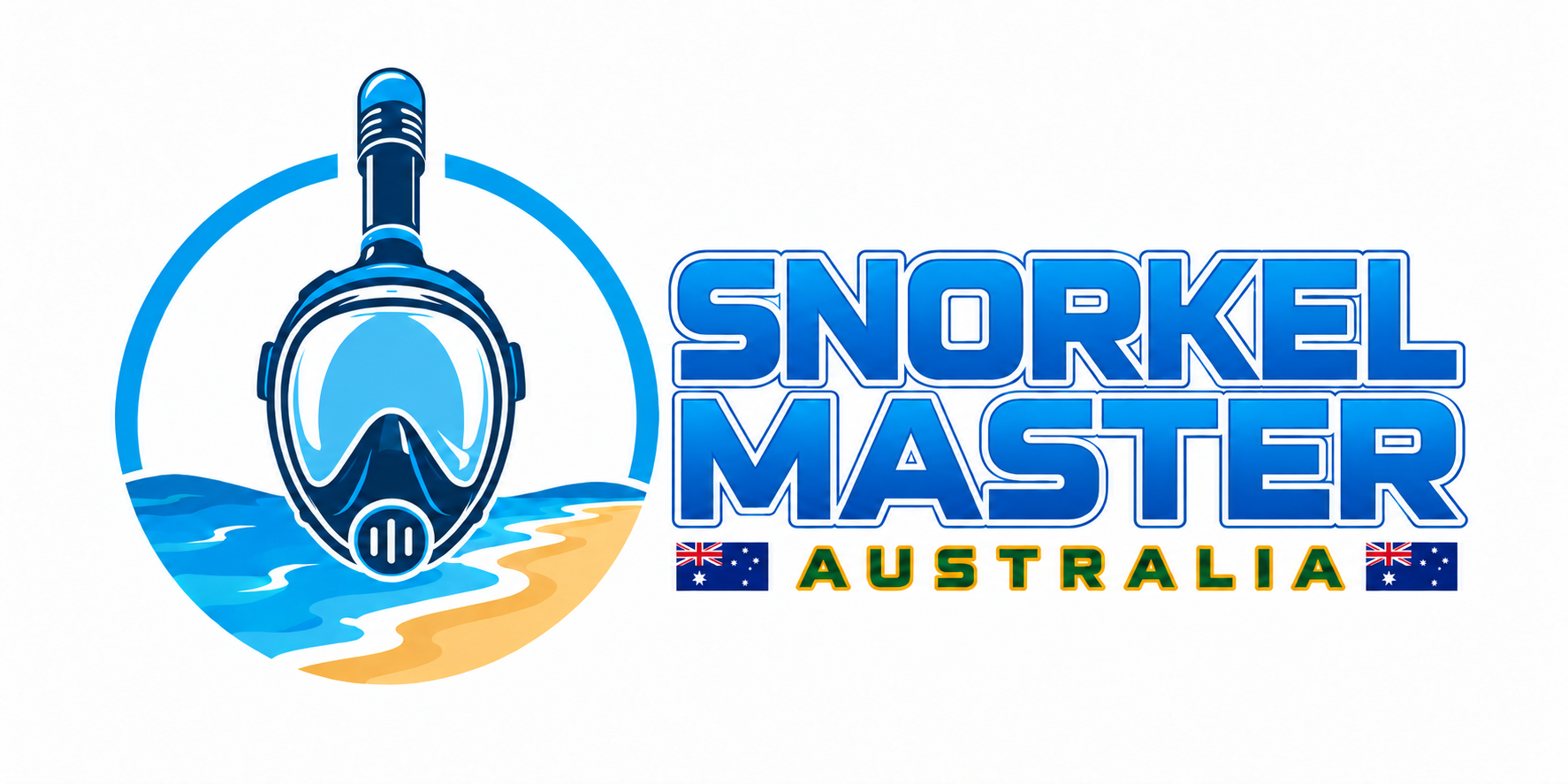 Snorkel Master Australia — full-face mask, sea and beach with Australian flags
